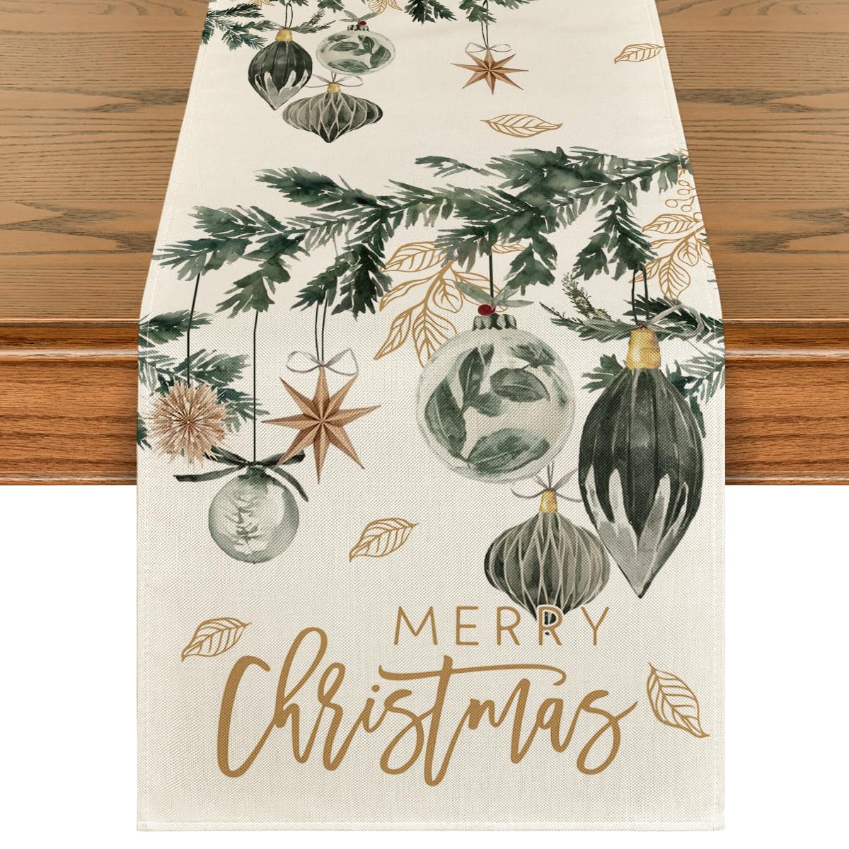 Artoid Mode Xmas balls leaves table runner displays festive pattern for gatherings