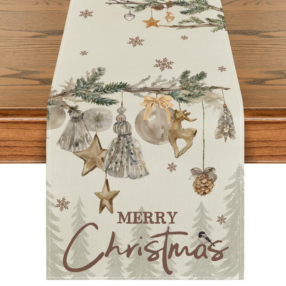 Artoid Mode Xmas pine ornament on table runner highlights festive table decor