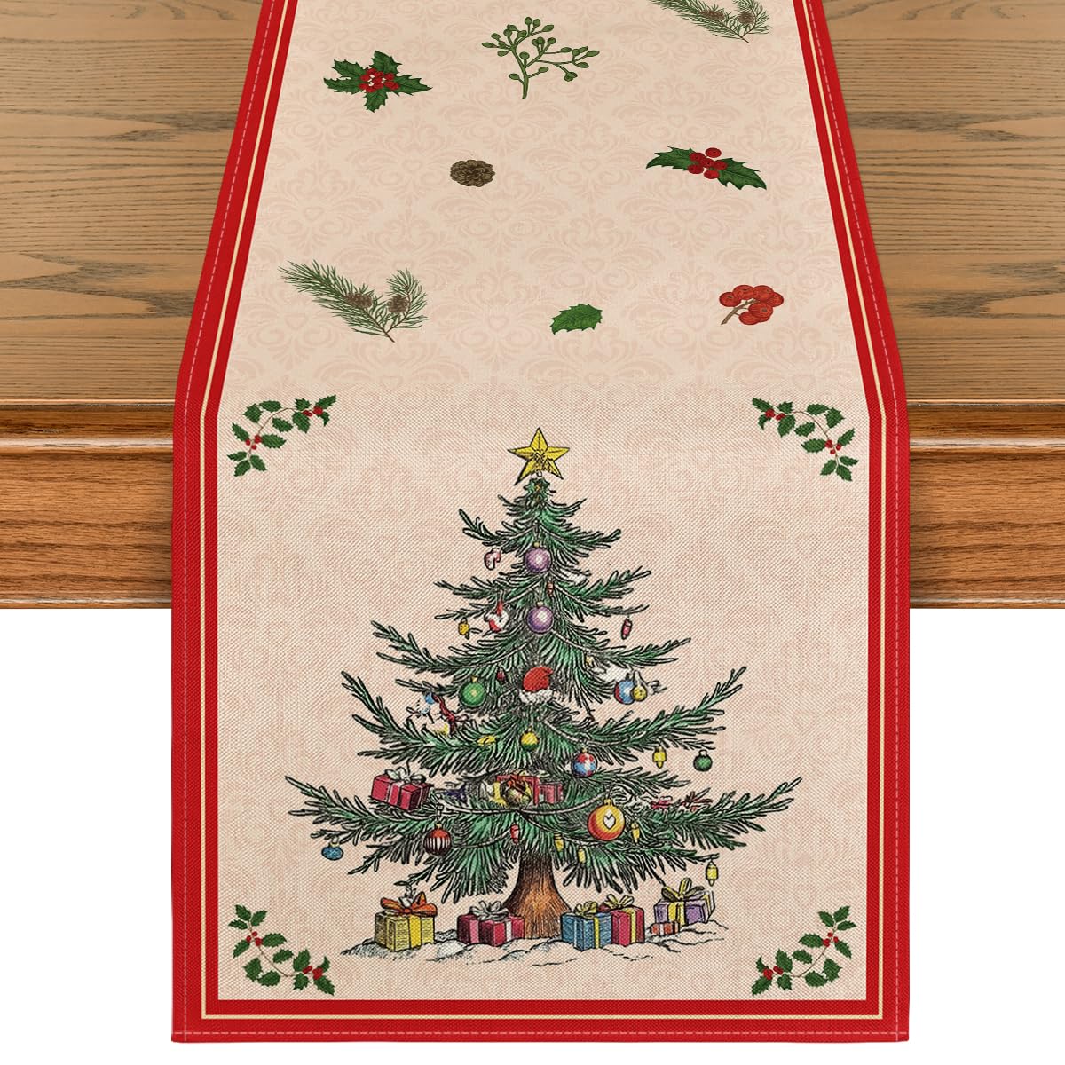Artoid Mode Xmas Tree Gift table runner in red enhances festive dining