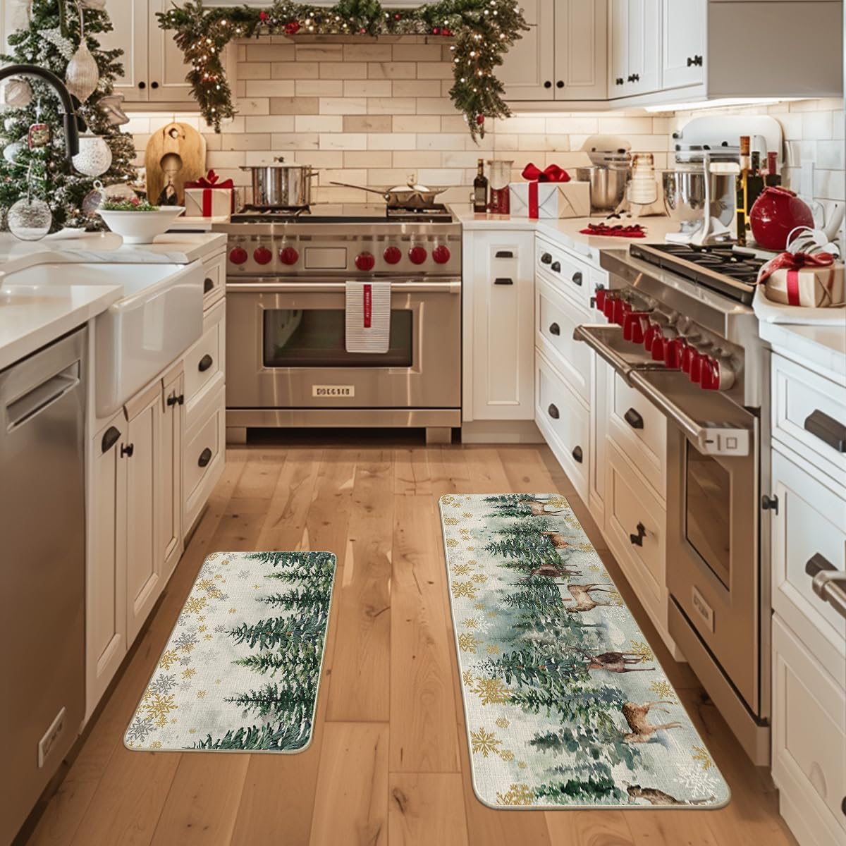 Artoid Mode Xmas trees and deer kitchen mat, large size, ideal for bigger counters or entryways.