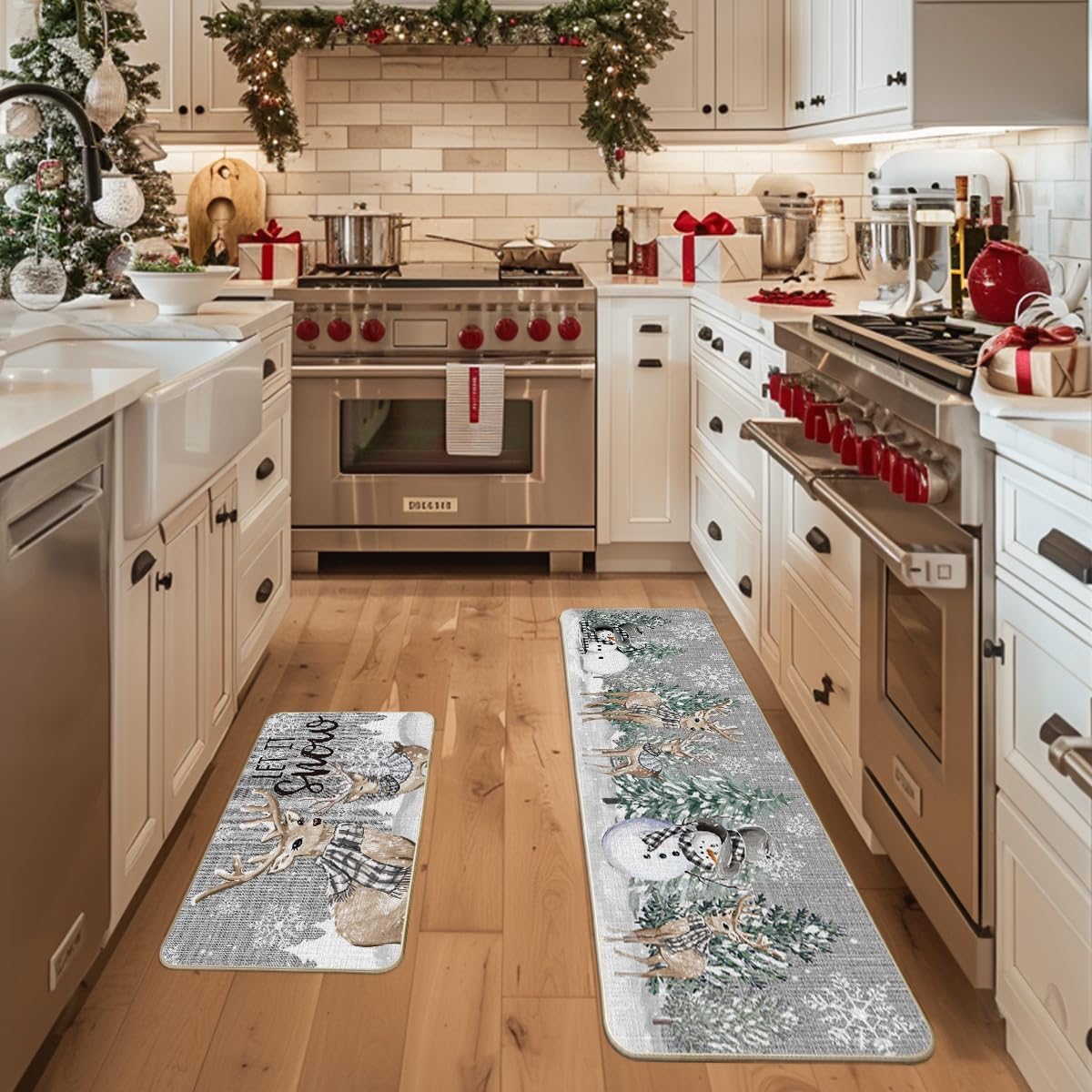 Artoid Mode Xmas Trees Deer Snowflakes kitchen mat 17x59 provides extended coverage for busy kitchens.