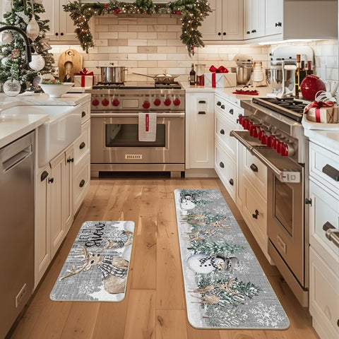 Artoid Mode Xmas Trees Deer Snowflakes kitchen mat 17x59 provides extended coverage for busy kitchens.