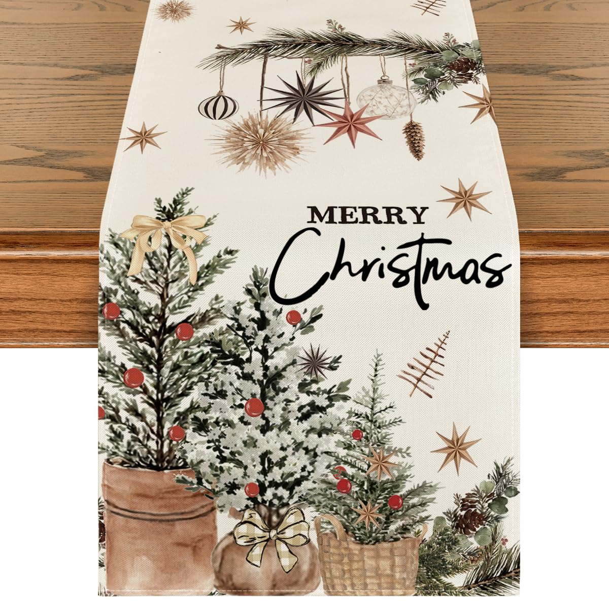 Artoid Mode Xmas Trees pattern table runner on a festive dining table setup