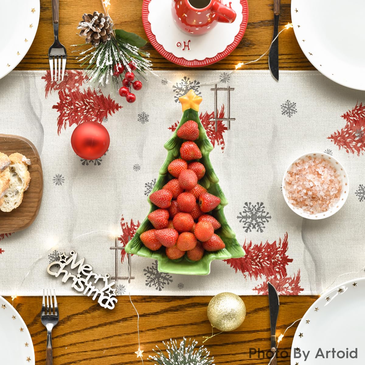 Artoid Mode red snowman detail on runner adds playful seasonal charm