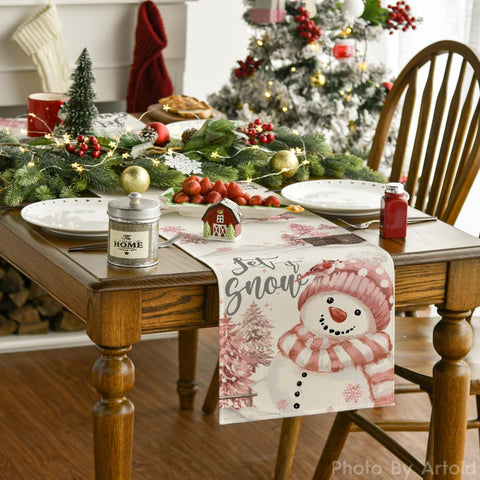 Artoid Mode Xmas Trees Let It Snow table runner in a holiday dining scene