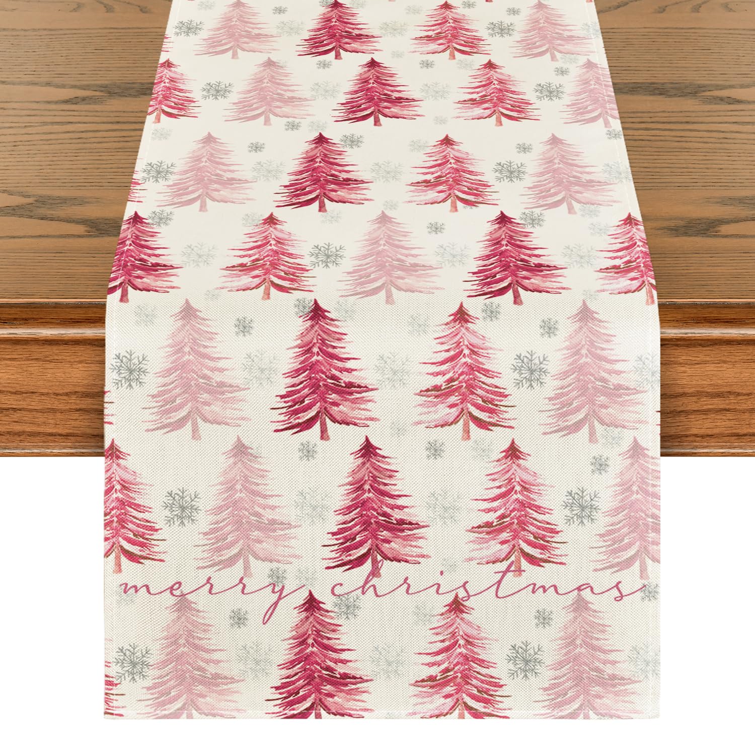 Artoid Mode Xmas Trees Snowflake table runner adds festive pink charm to gatherings.