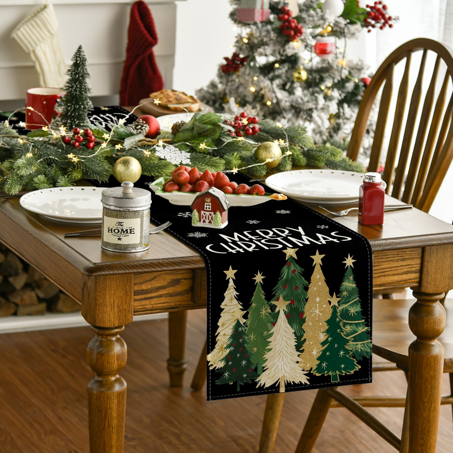 Artoid Mode Xmas Trees Snowflakes Black runner adds color to a holiday tablescape