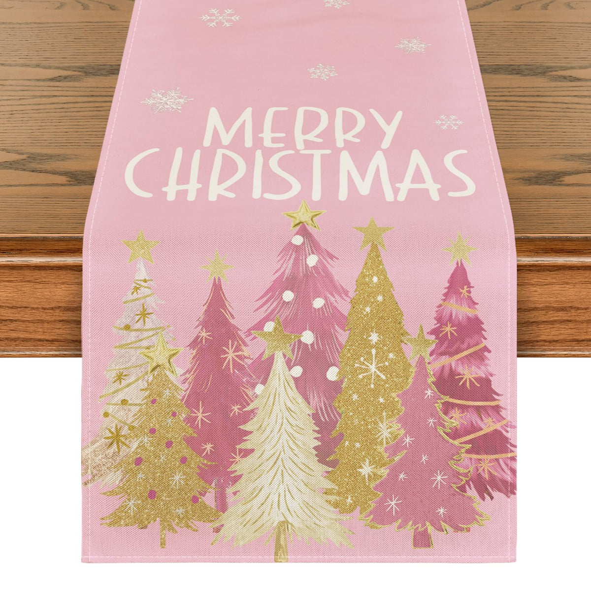 Artoid Mode Xmas Trees Snowflakes Pink table runner for festive dining