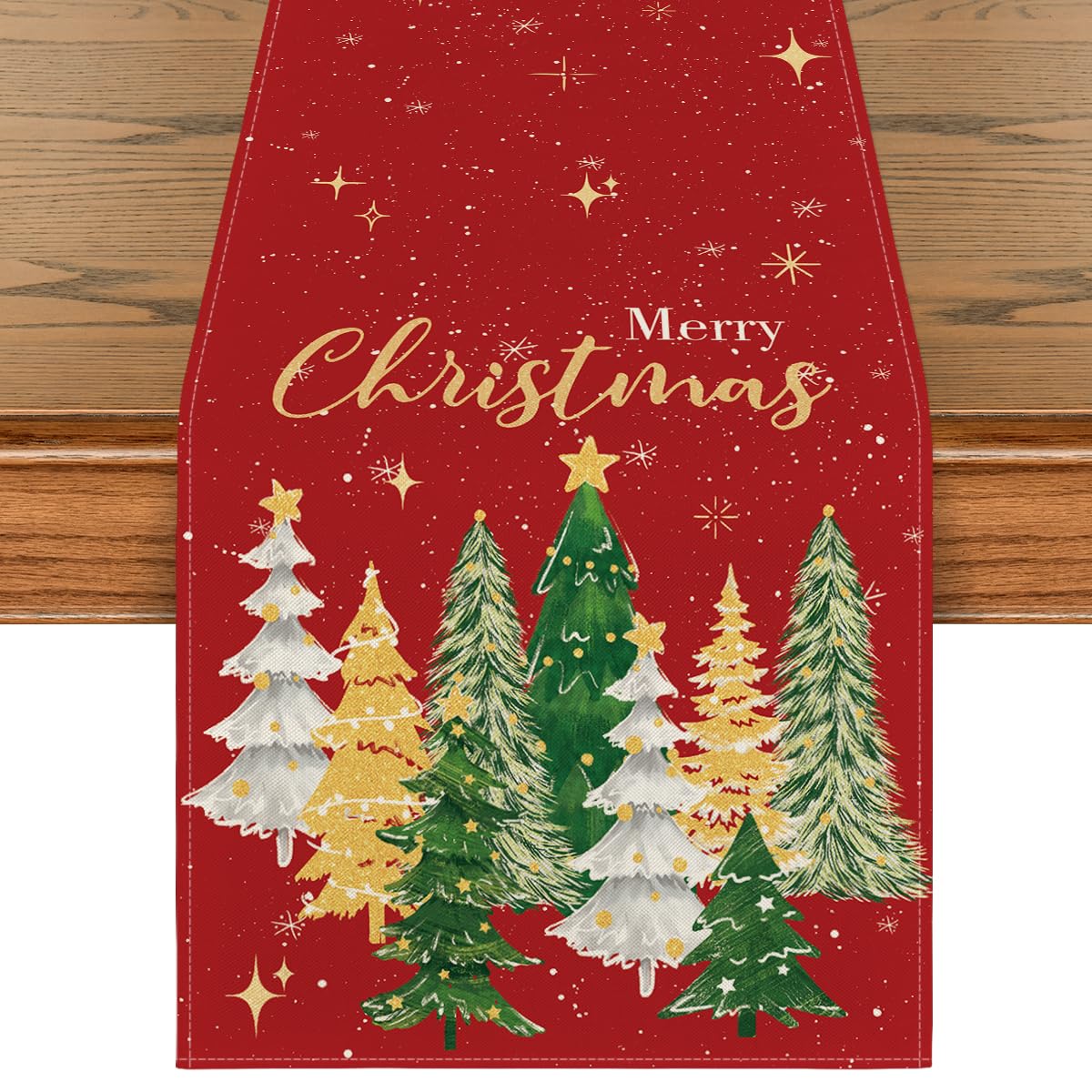 Artoid Mode Xmas Trees table runner front view shows festive colors and coverage