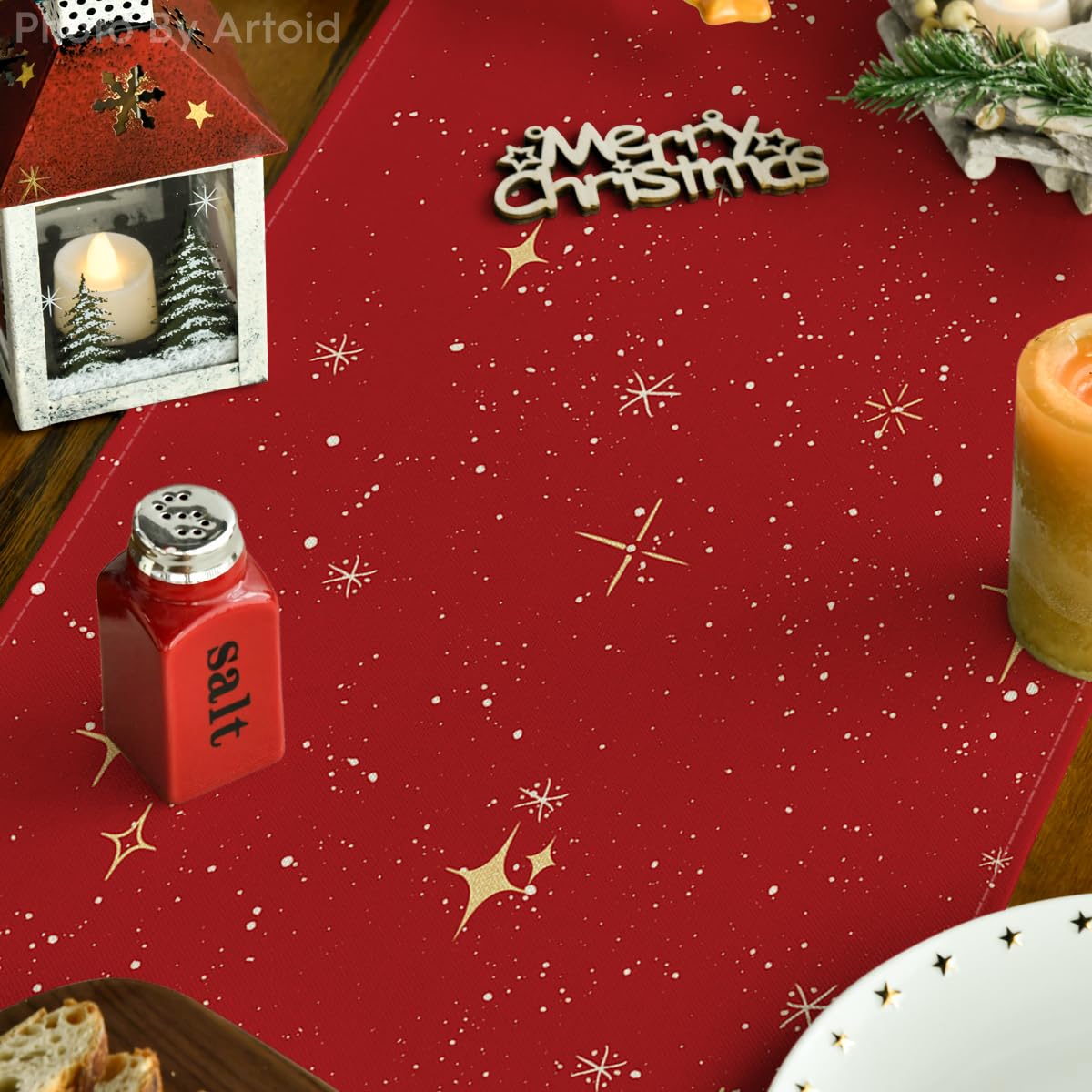 Artoid Mode Xmas Trees table runner spread on table demonstrates ample workspace for festive meals