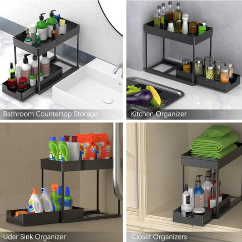 Artzon 2-tier sliding cabinet shelf with hooks maximizing storage space.