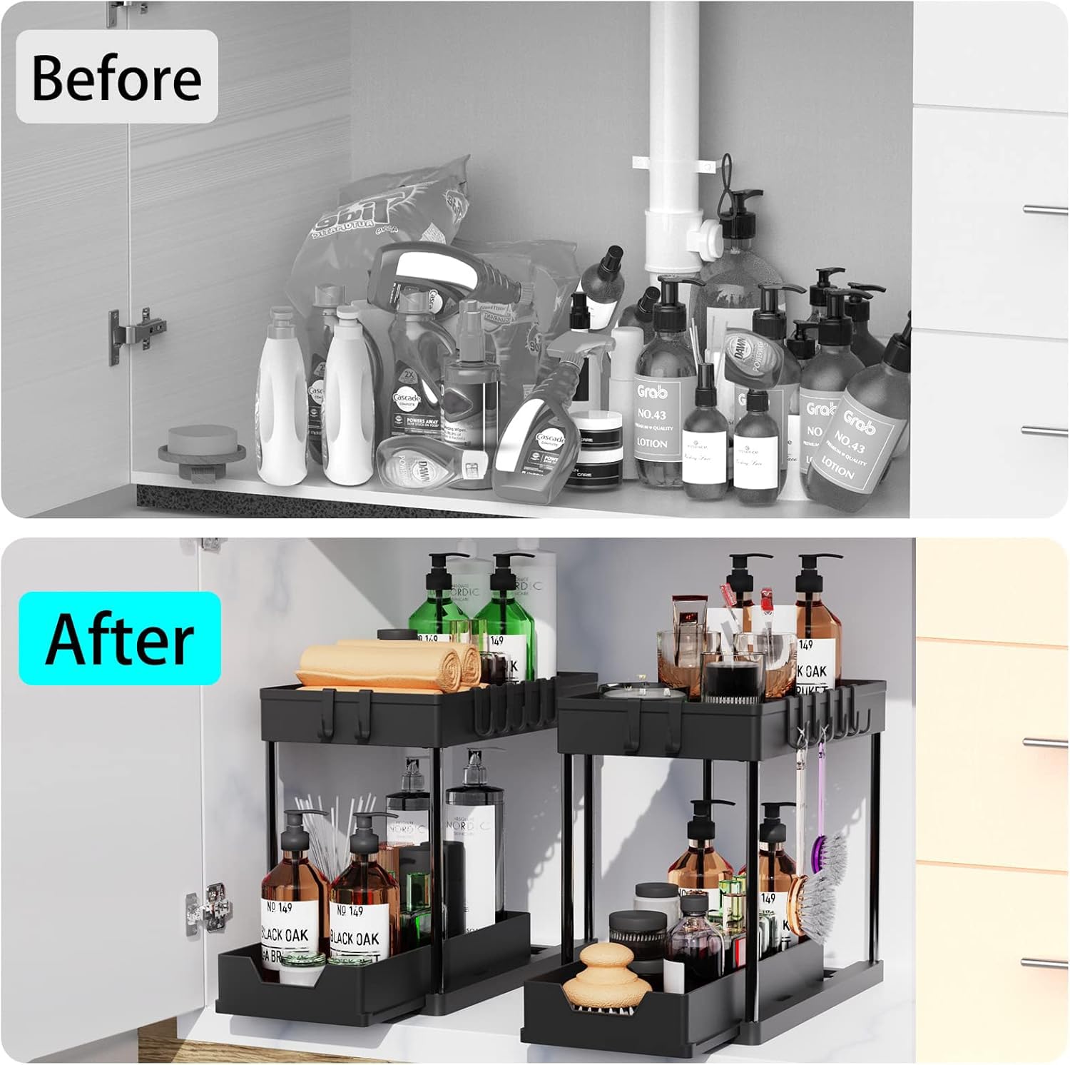 Artzon dimensions show ample space for tall bottles in bathroom storage.