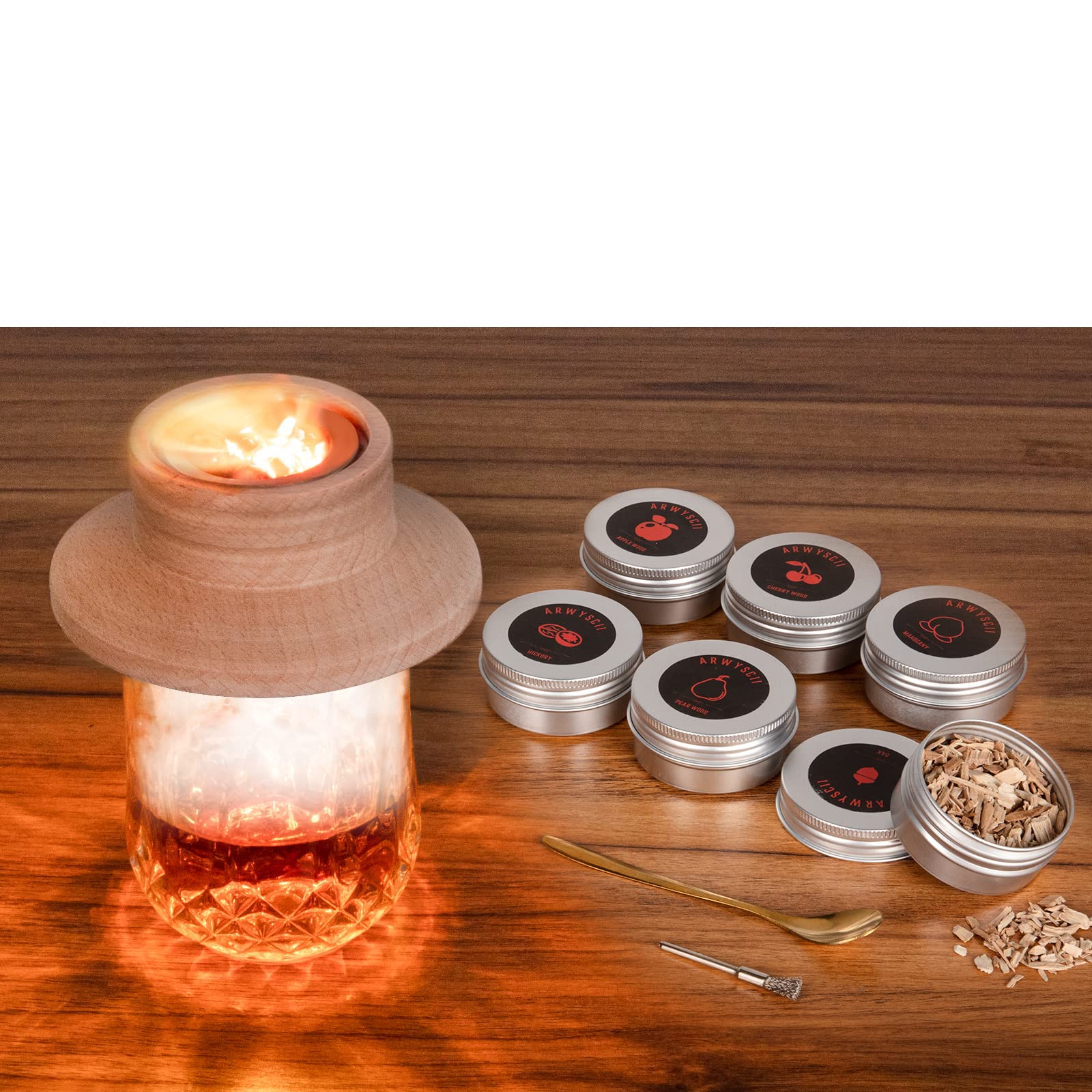 ArwySciI premium cocktail smoker kit used on a rocks glass for a refined ritual