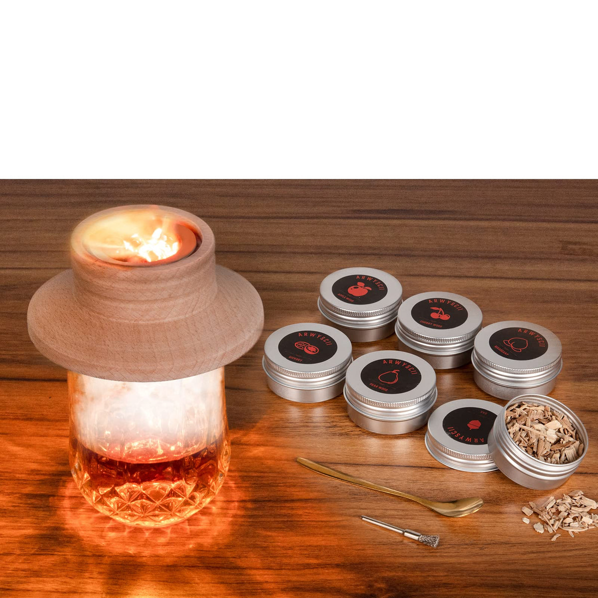 ArwySciI premium cocktail smoker kit used on a rocks glass for a refined ritual