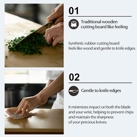 Asahi Cookin Cut board undergoing knife test on wooden counter
