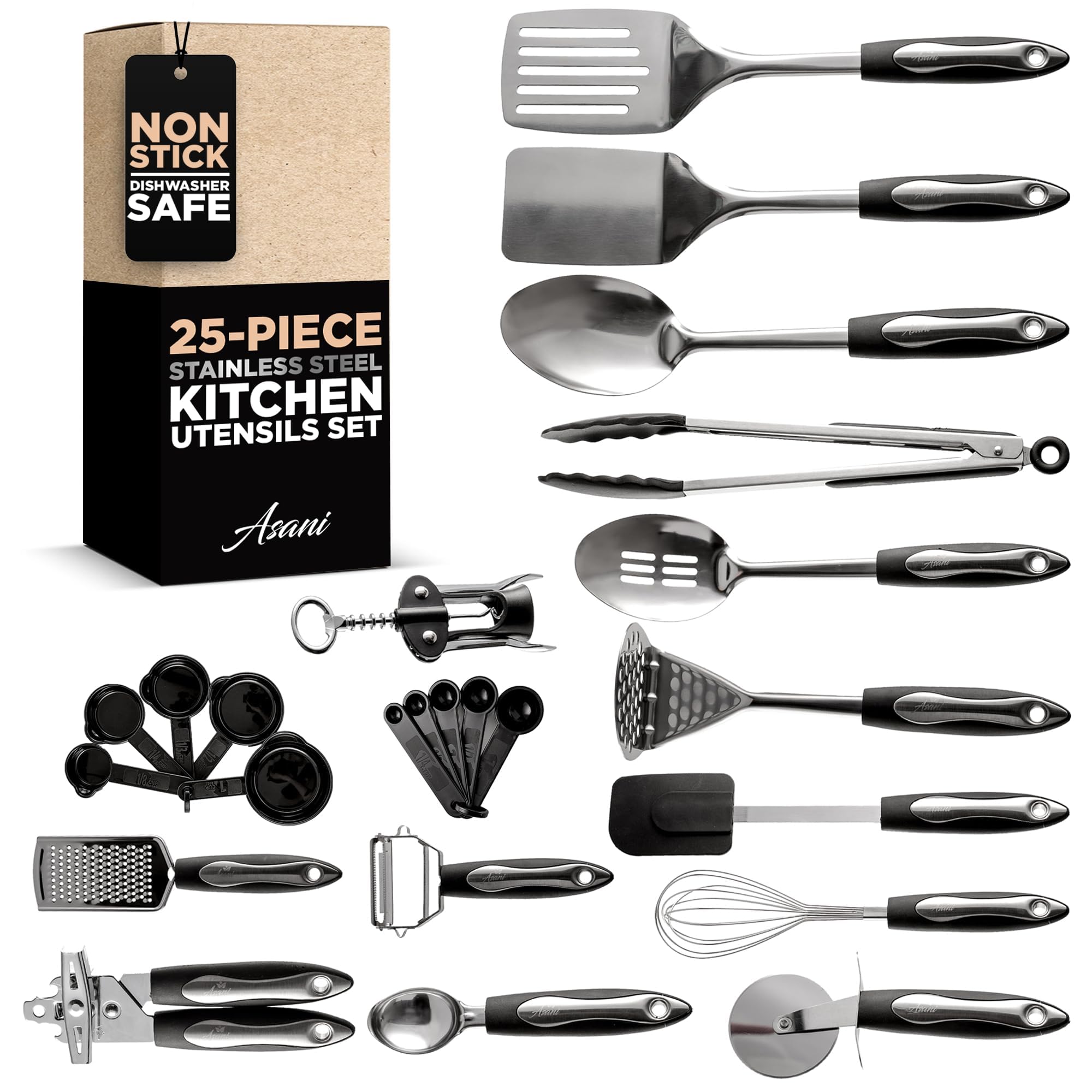 Asani 25-piece utensil set with versatile tools for everyday cooking using durable stainless steel