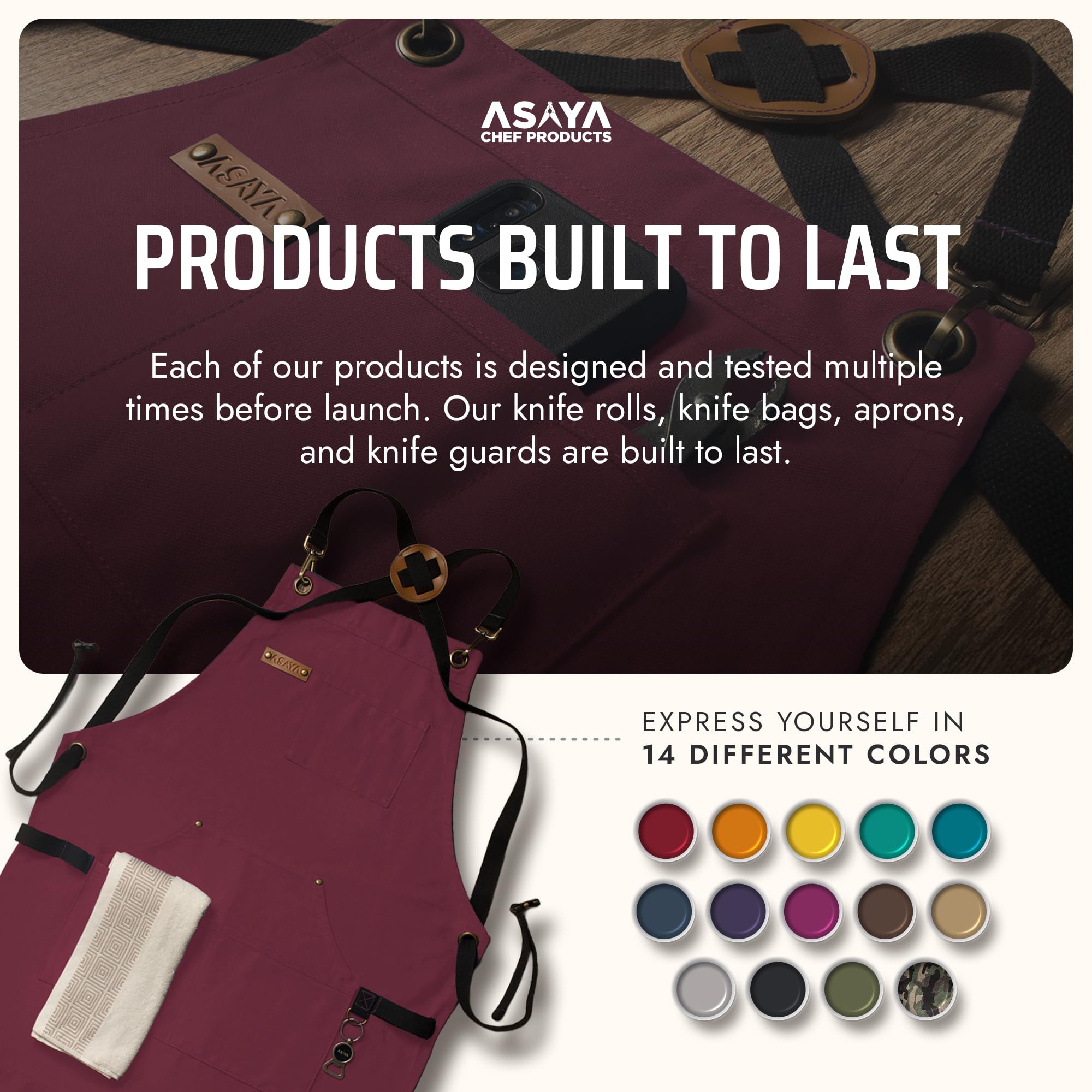 Asaya 10oz cotton canvas apron emphasizes durability for daily use.