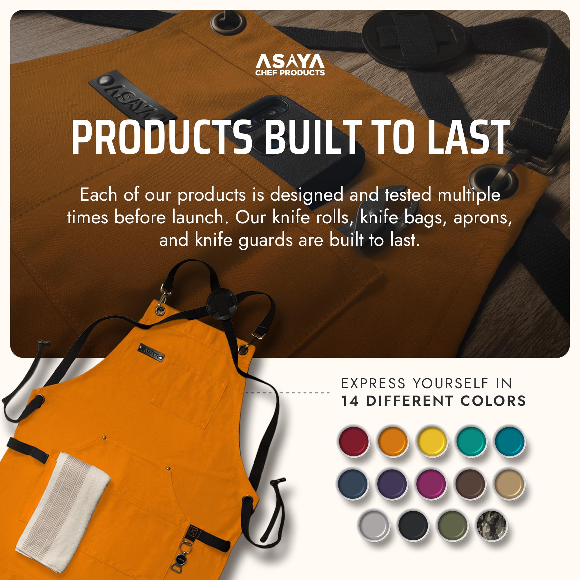 Asaya apron measures 27x34 inches for universal coverage.