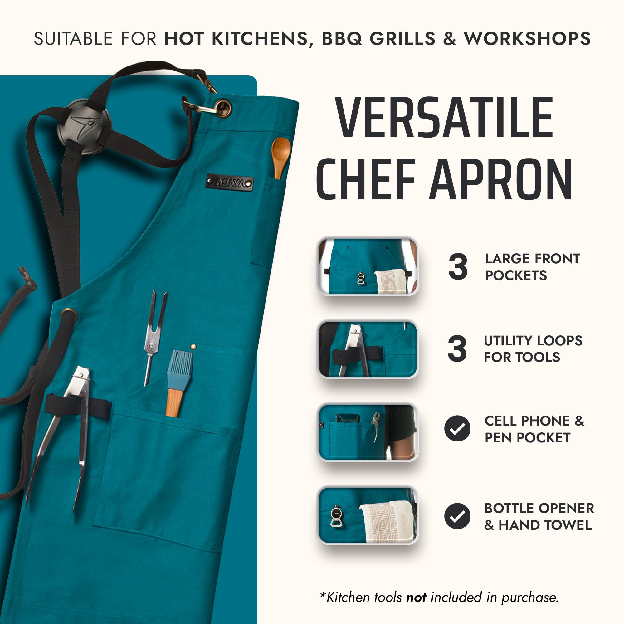Asaya apron bottle opener clip ready for quick tool access during barbecues