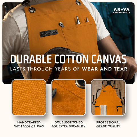 Asaya apron brass hardware detail adds rugged durability.