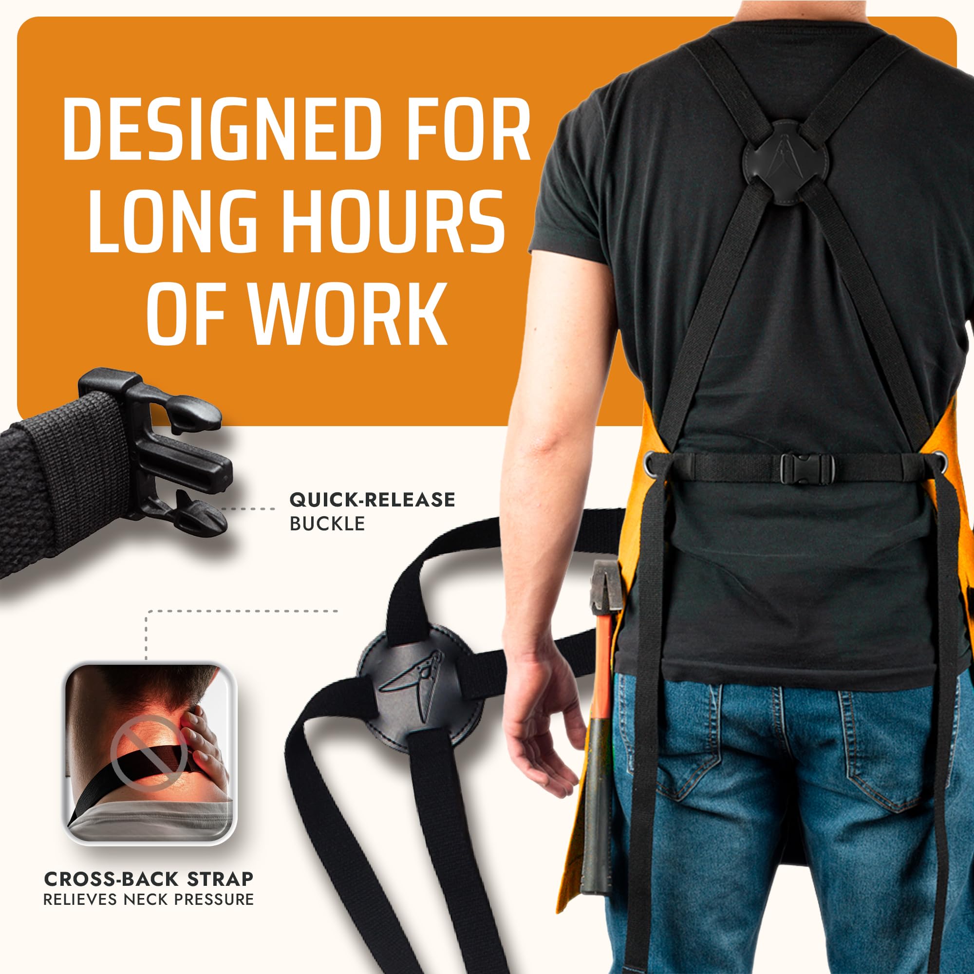 Asaya apron cross-back straps provide comfortable, adjustable support.