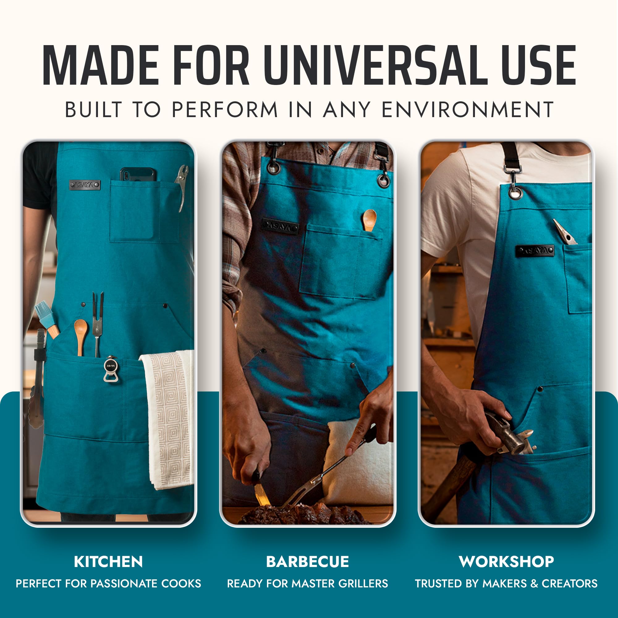 Asaya blue-green apron is washing friendly with easy care removable straps