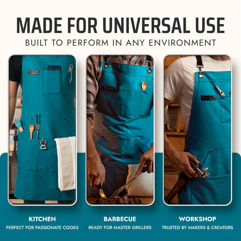 Asaya blue-green apron is washing friendly with easy care removable straps