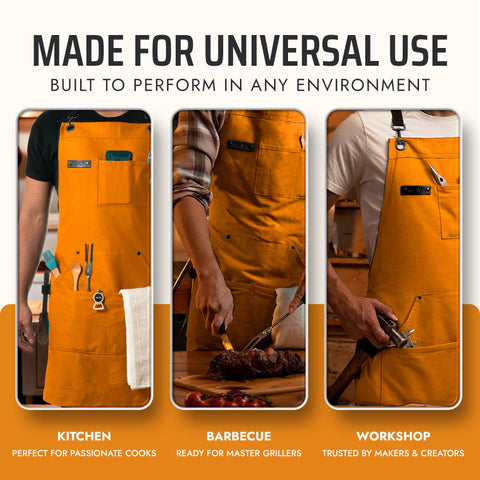 Asaya orange apron adds high visibility in busy kitchens.