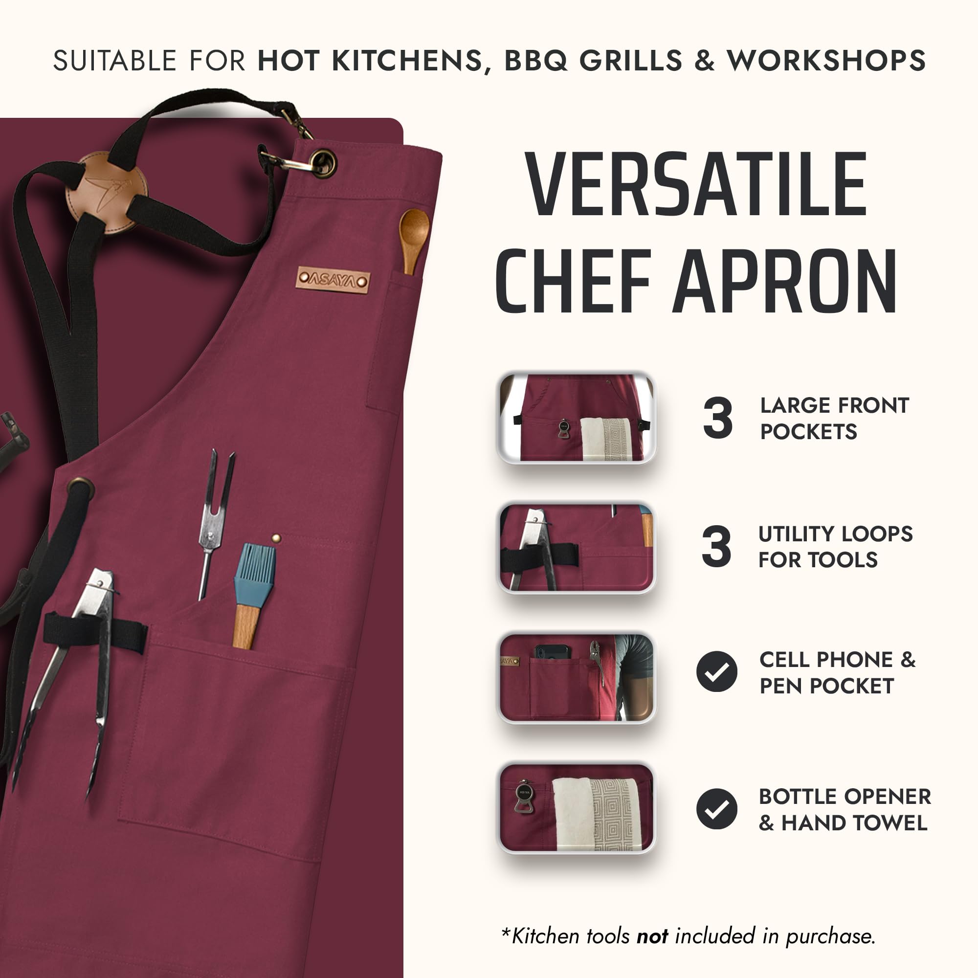 Asaya apron side pocket demonstrates tool organization for kitchen and workshop.