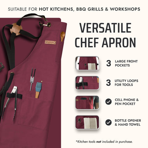 Asaya apron side pocket demonstrates tool organization for kitchen and workshop.