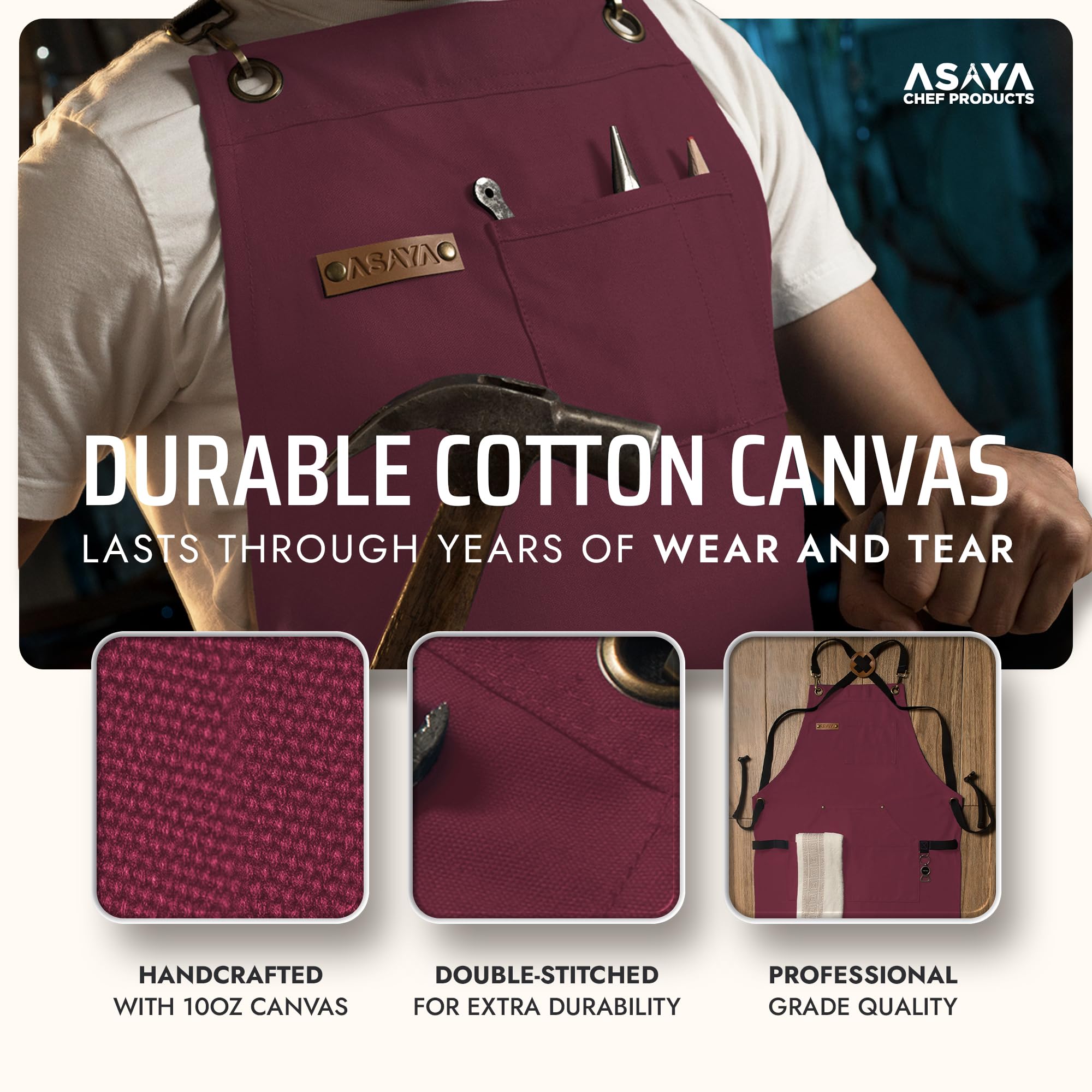 Asaya apron bottle opener clip in action for easy beverage access.