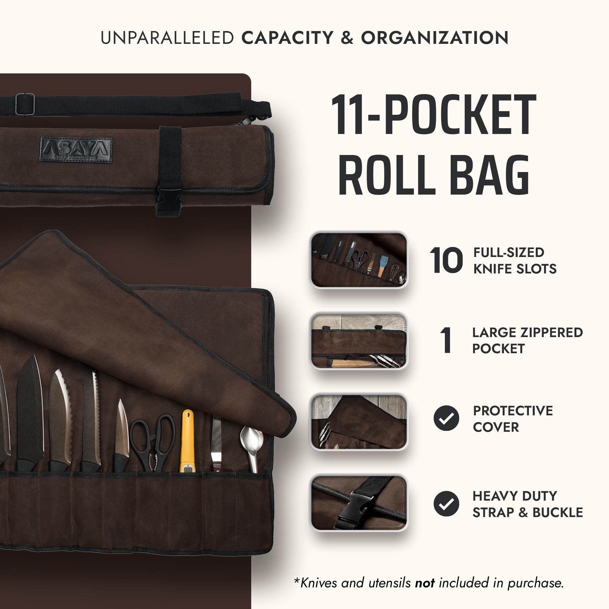 Asaya Canvas Knife Roll interior view shows ten slots for safe transport