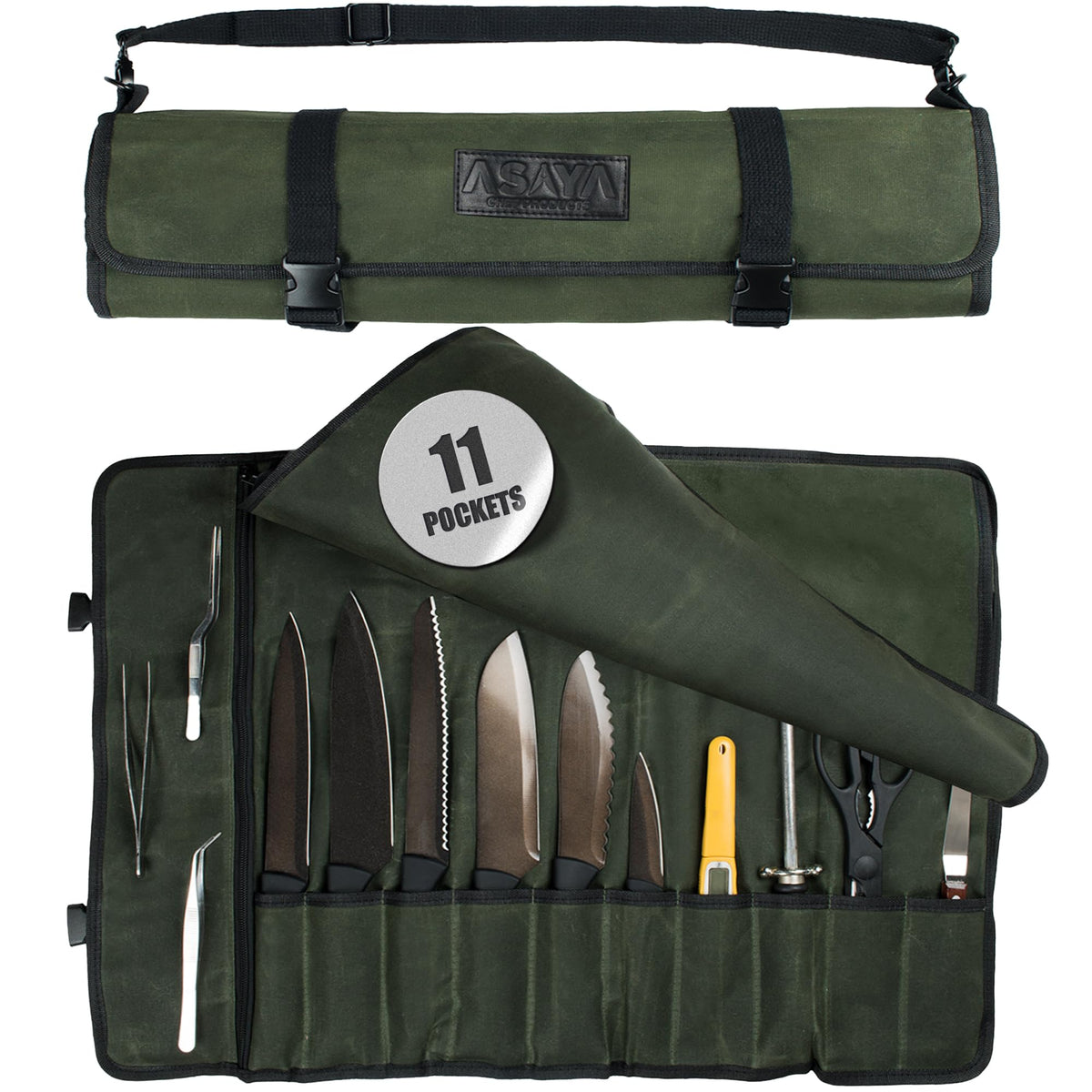 Asaya canvas chef knife roll with 10-slot layout for organized travel