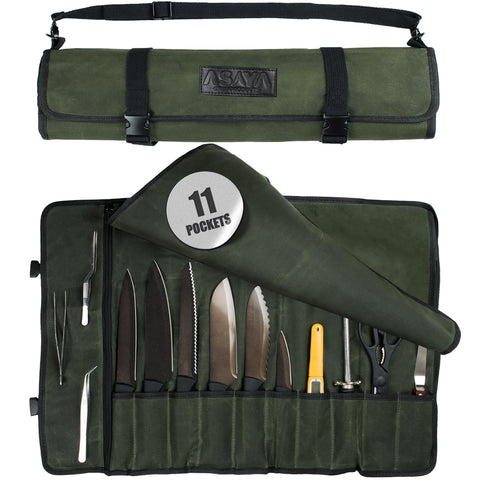 Asaya canvas chef knife roll with 10-slot layout for organized travel