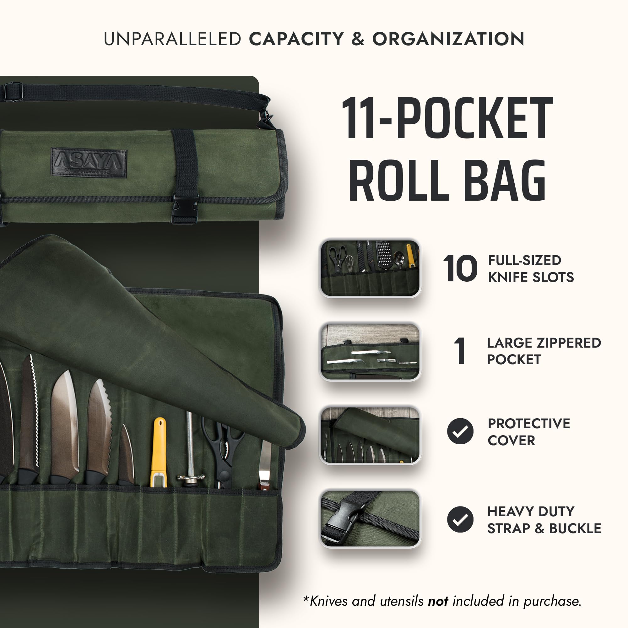 Asaya canvas knife roll pocket-zipper for utensils and accessories