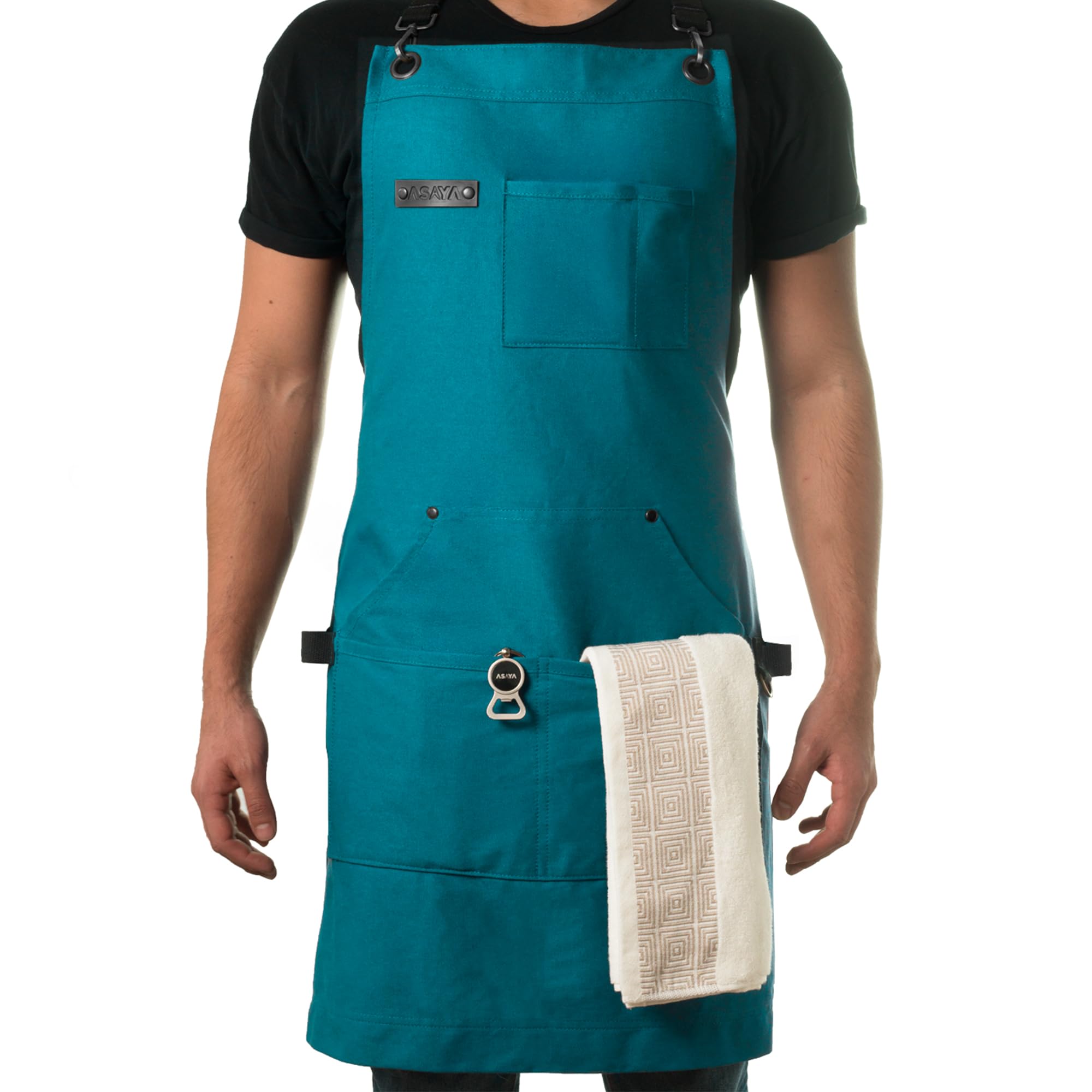Asaya Chef apron blue-green front view shows durable 10oz canvas for grilling and cooking