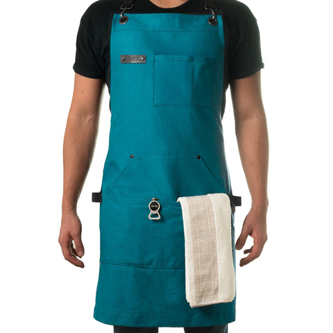 Asaya Chef apron blue-green front view shows durable 10oz canvas for grilling and cooking