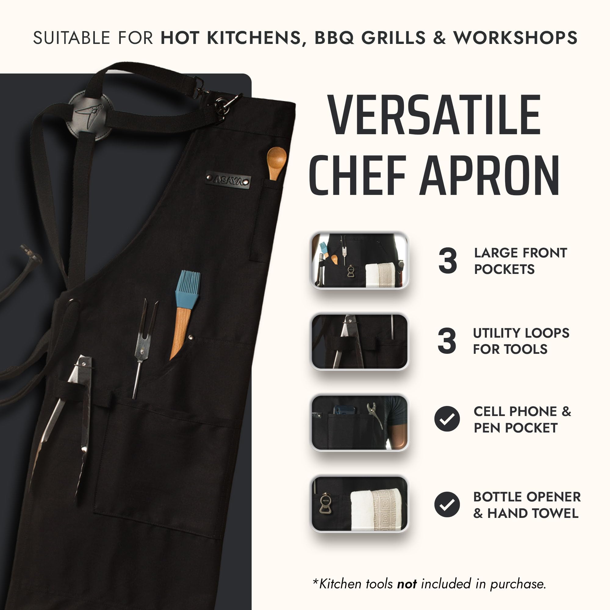 Asaya Chef apron bottle opener clip close-up showing convenient access