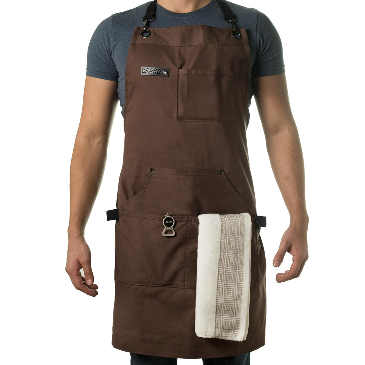 Asaya Chef apron with bottle opener for quick grill access.