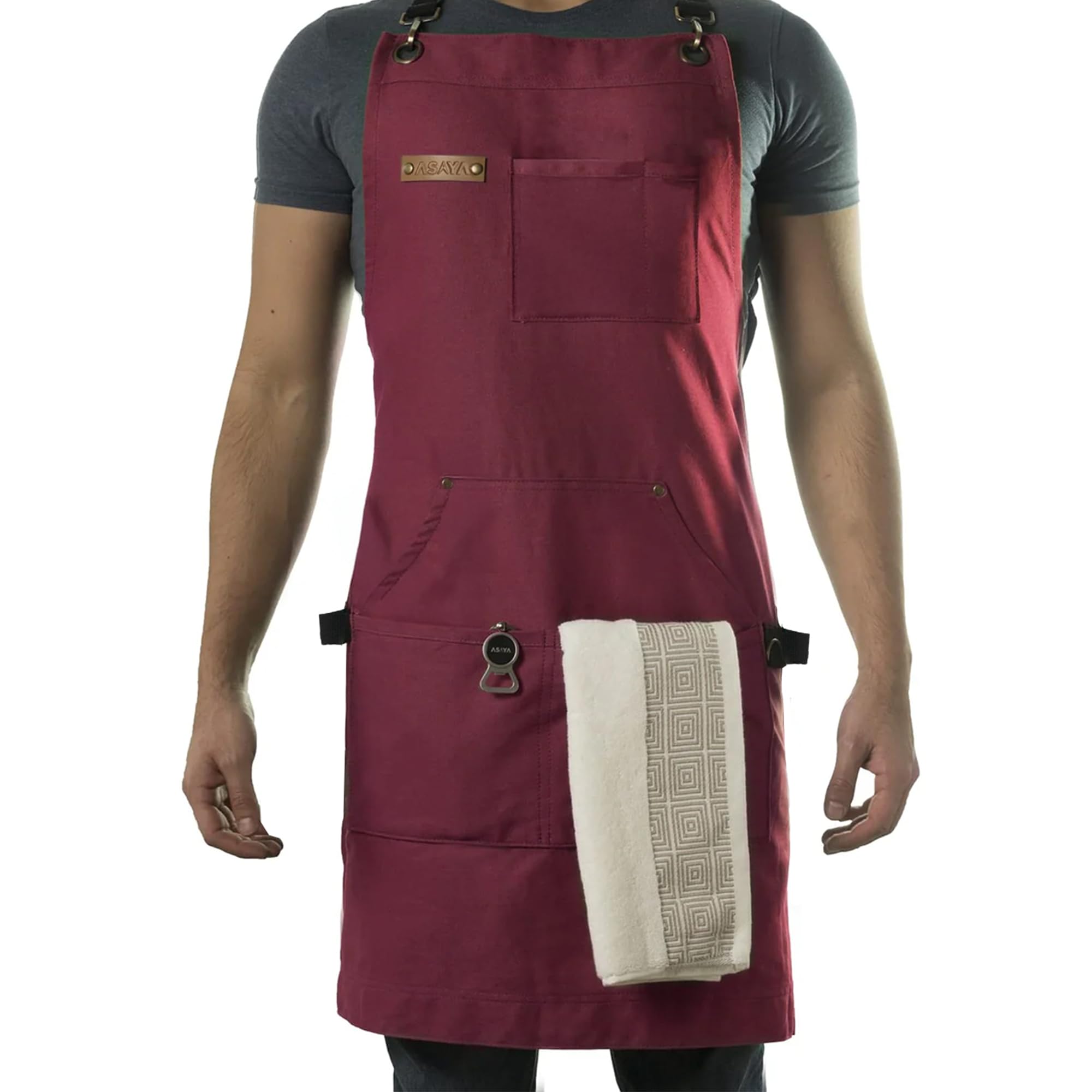 Asaya Chef apron front view with bottle opener for quick grilling access.