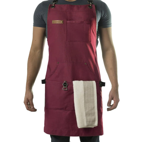 Asaya Chef apron front view with bottle opener for quick grilling access.