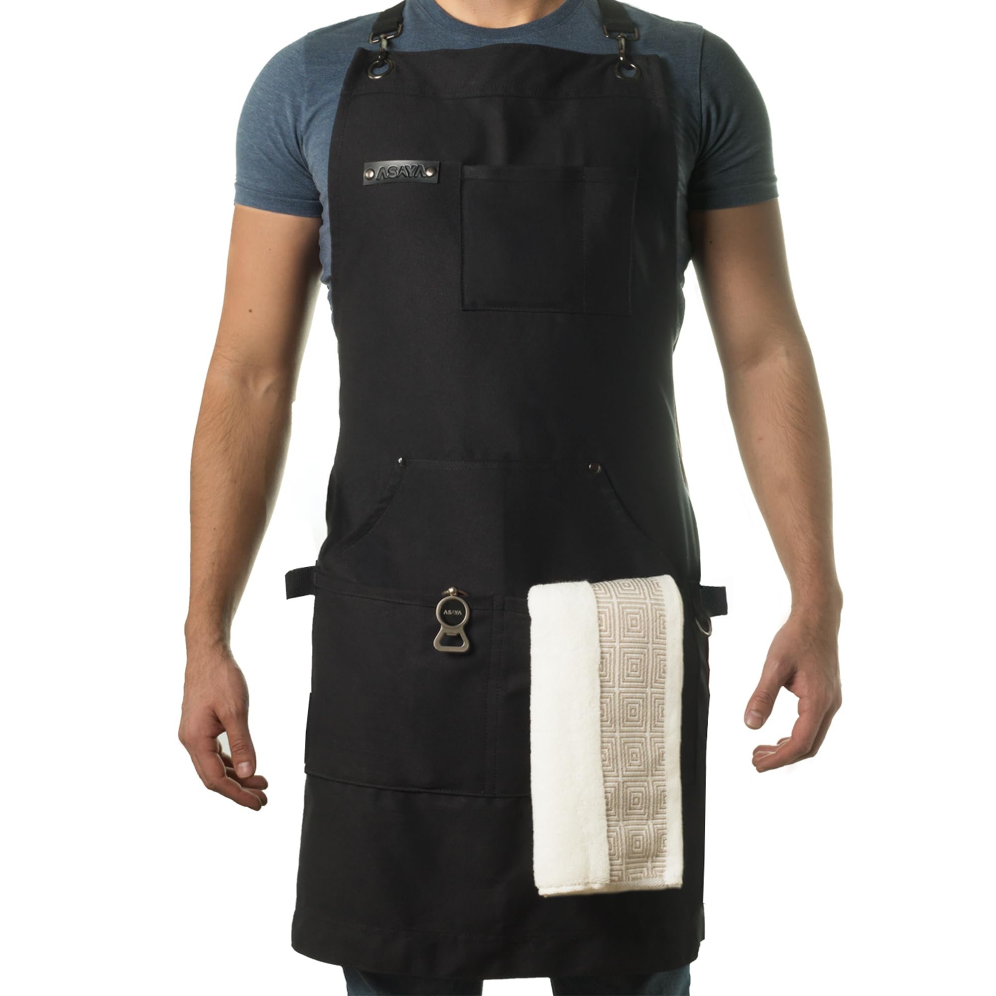 Asaya Chef apron front view highlighting durable 10oz canvas