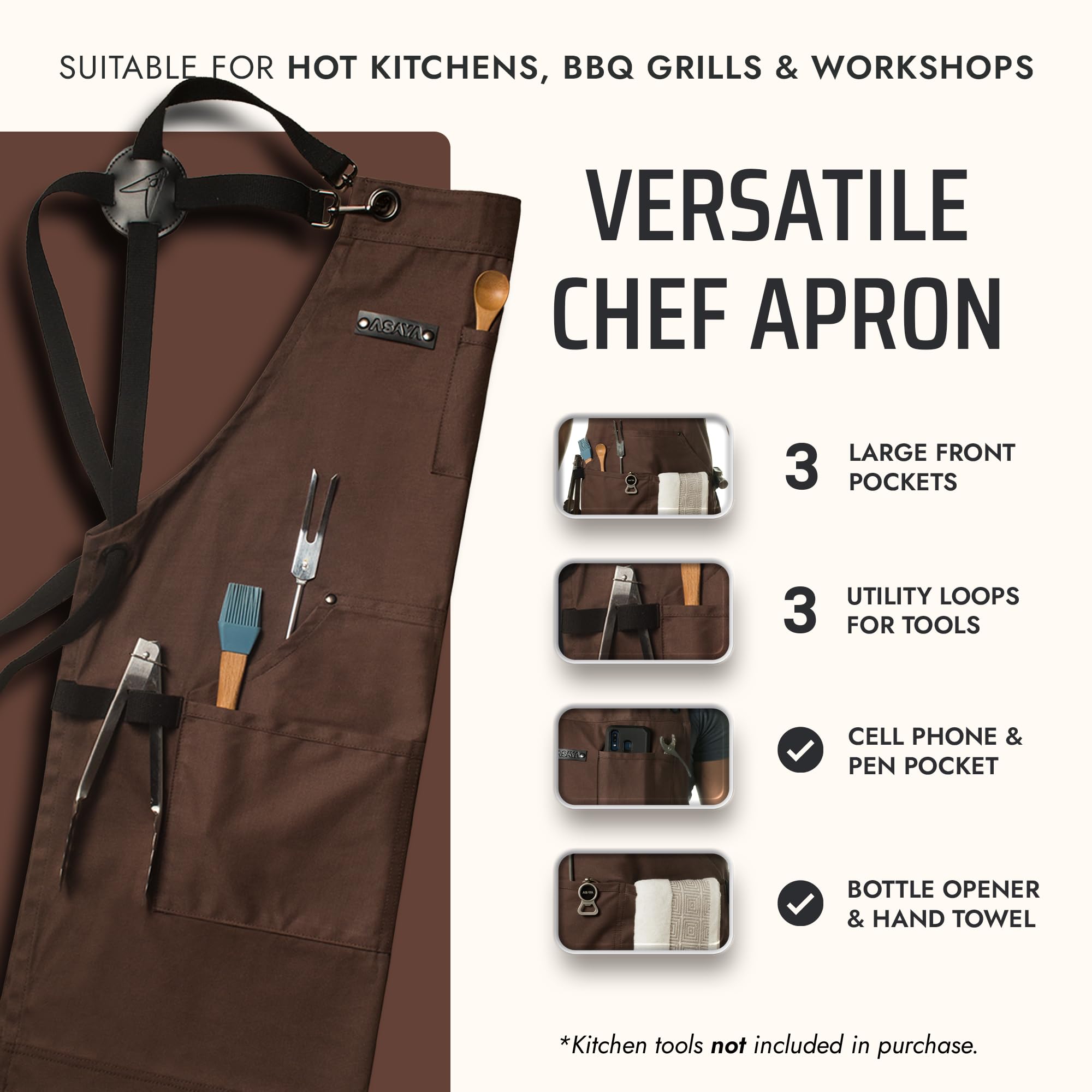 Asaya Chef apron showing three large pockets for tools.