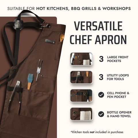 Asaya Chef apron showing three large pockets for tools.