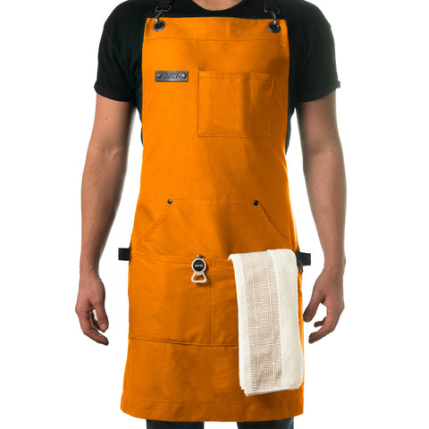 Asaya Chef BBQ apron with bottle opener, ready for outdoor grilling.