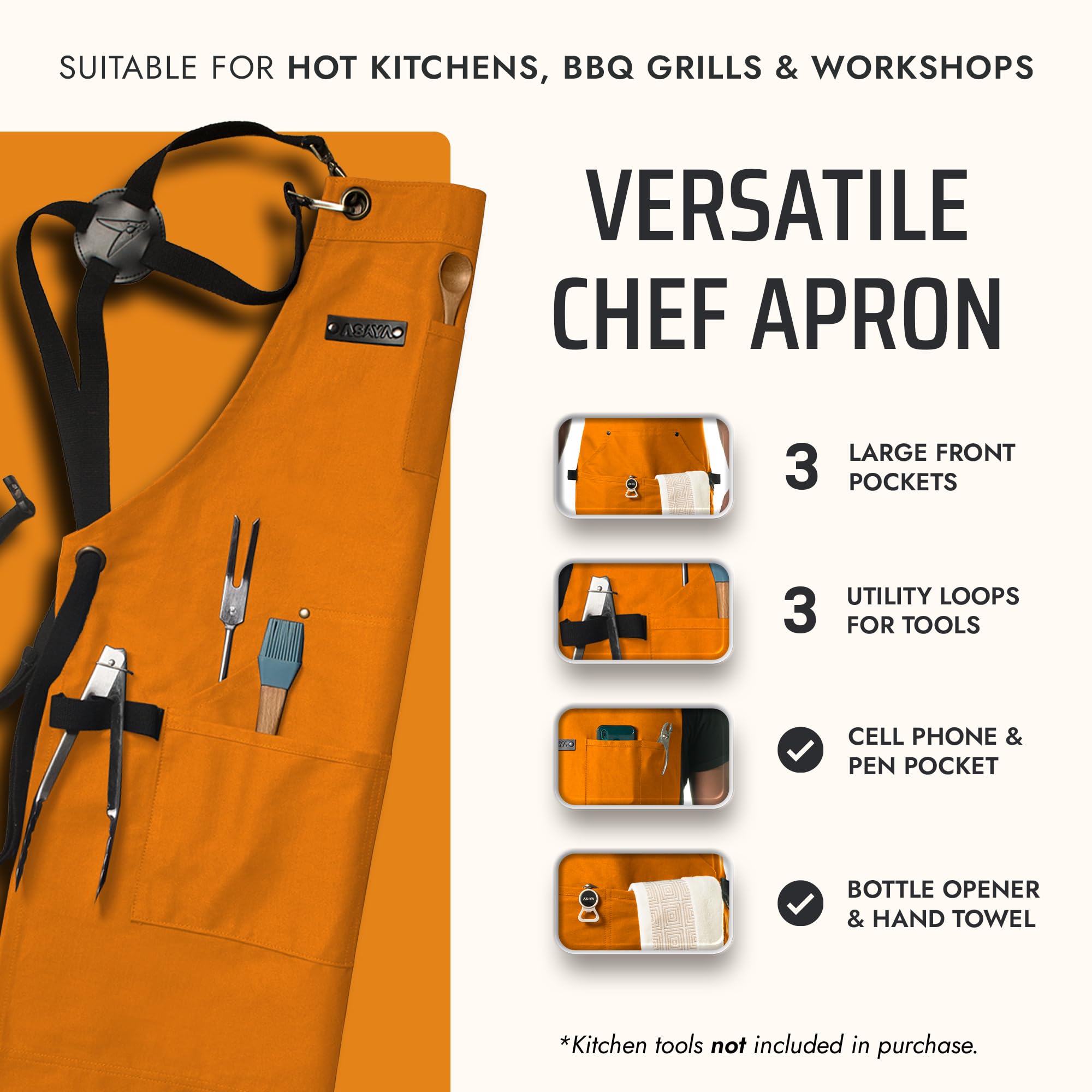 Asaya Chef BBQ apron includes hand towel for quick cleanup.