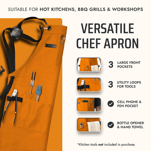 Asaya Chef BBQ apron includes hand towel for quick cleanup.