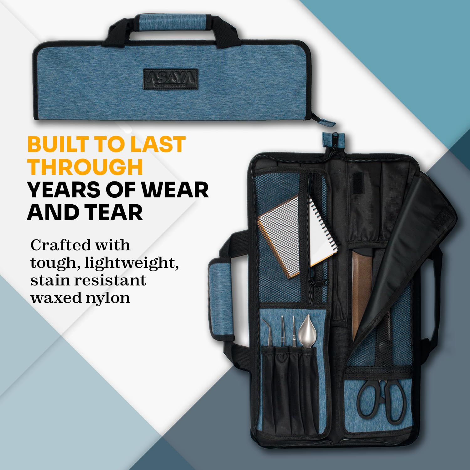 Asaya Chef Knife Roll Bag open with 12 pockets, organized knife slots.