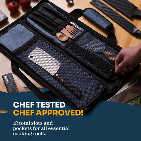 Asaya Chef Knife Roll Bag holds up to 17-inch knives.