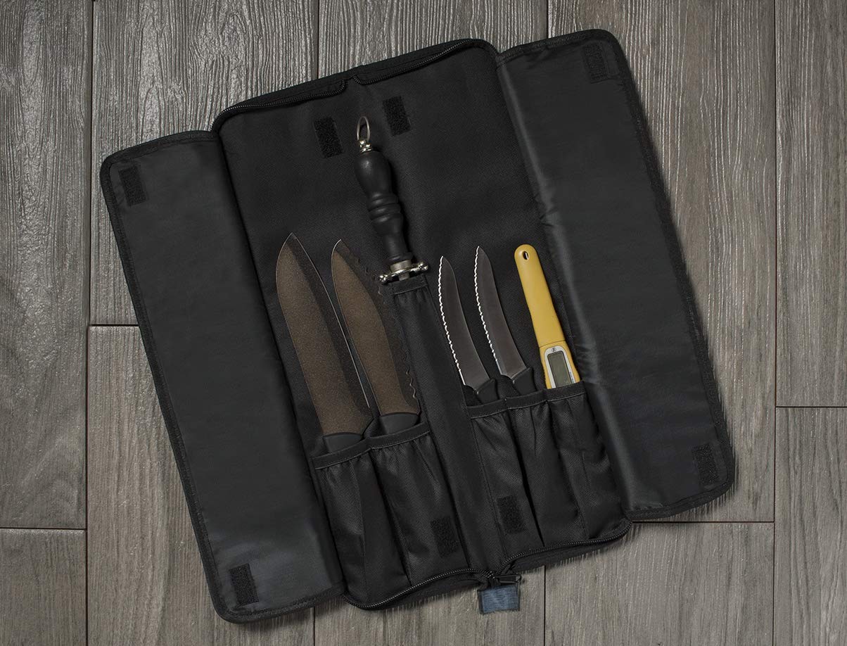 Asaya Chef Knife Roll Bag includes zippered pockets for utensils.
